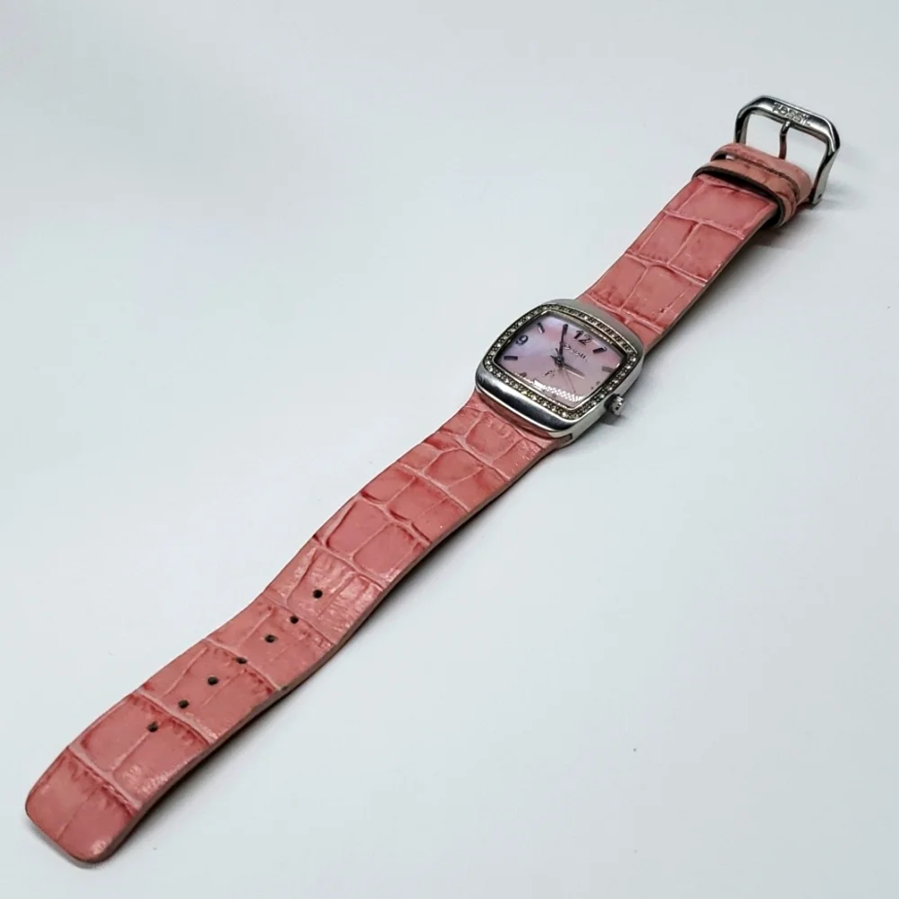 Vintage Fossil Watch F² ES9720 Salmon Leather Wristband Pink Mother of Pearl